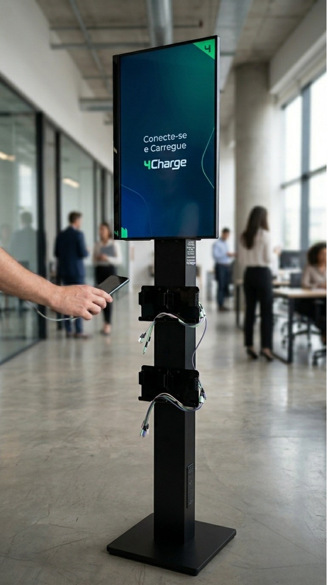Totem carregador de celular 4 Charge com tela publicitária em visualização de ambiente